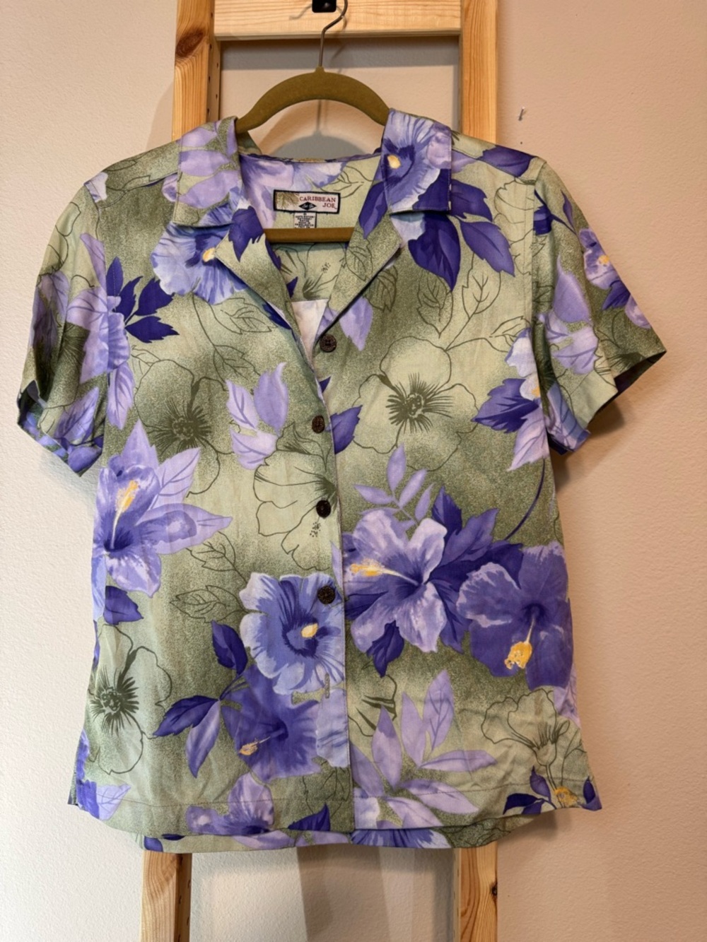 VTG Caribbean Joe Olive Green Lavender Floral Button-Front Camp Shirt
